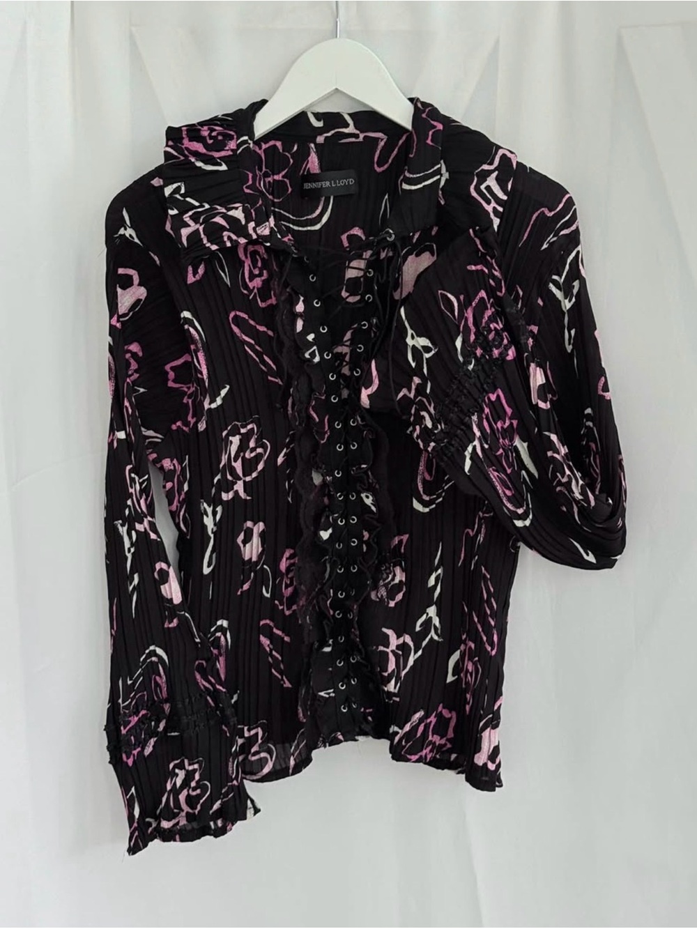 Vintage Jennifer Lloyd Black Floral Ruffle Front Blouse - Pink & White Print